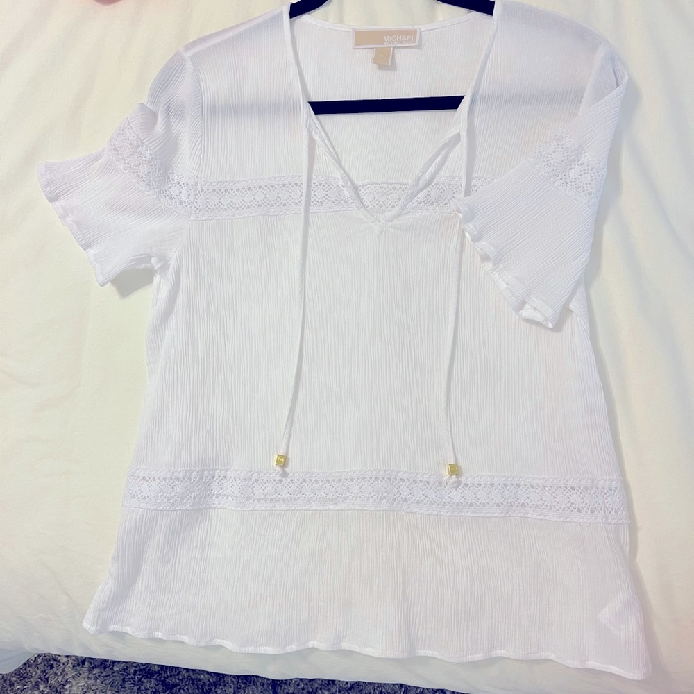 MICHAEL KORS COTTON BLOUSE WITH LACE INSERT~FLURTY SLEEVE